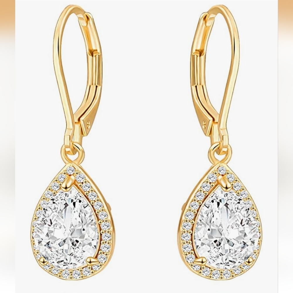 Dangle Drop Earrings Teardrop Cubic Zirconia Crystal 18K Gold Plated